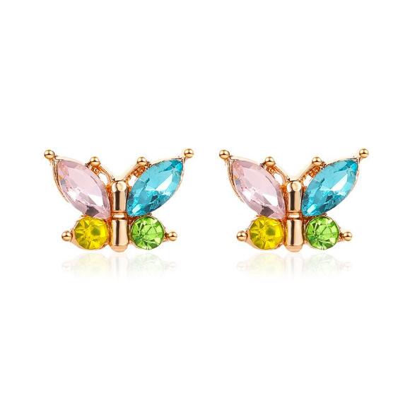 Butterfly Gemstone Stud Earrings Gold Fashion Jewelry Colorful Pink Blue Green - Picture 2 of 6